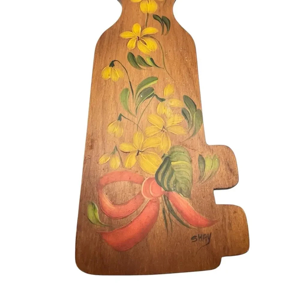 Wooden Key Yellow Flowers Hand Painted Norwegian Folk Art ROSEMALING Signed Shay